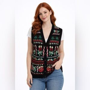 Vintage Holiday Embroidered Cardigan Vest Candles Ornaments Knit